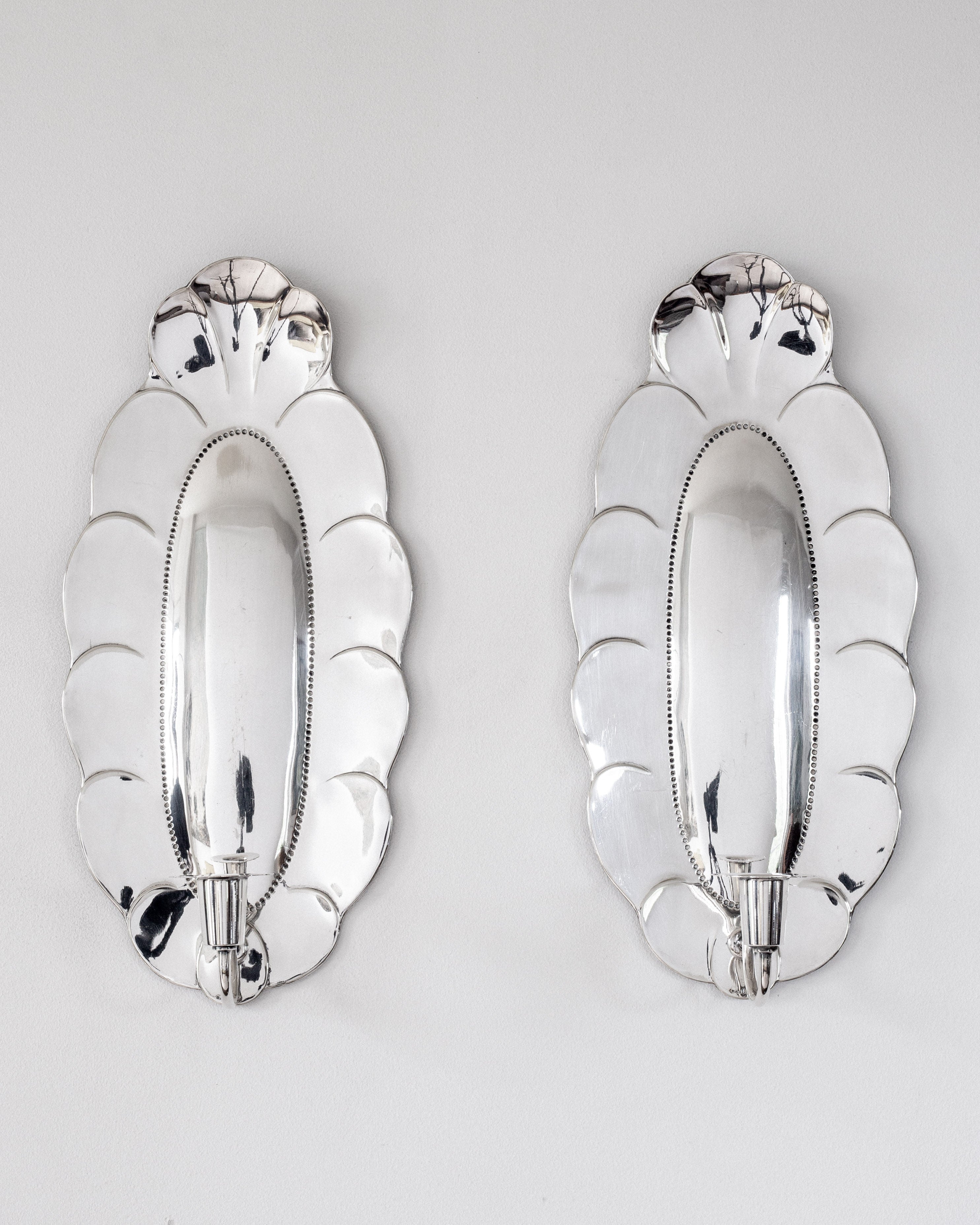 Scalloped Shell Silver Wall Candle Sconces, 1930s