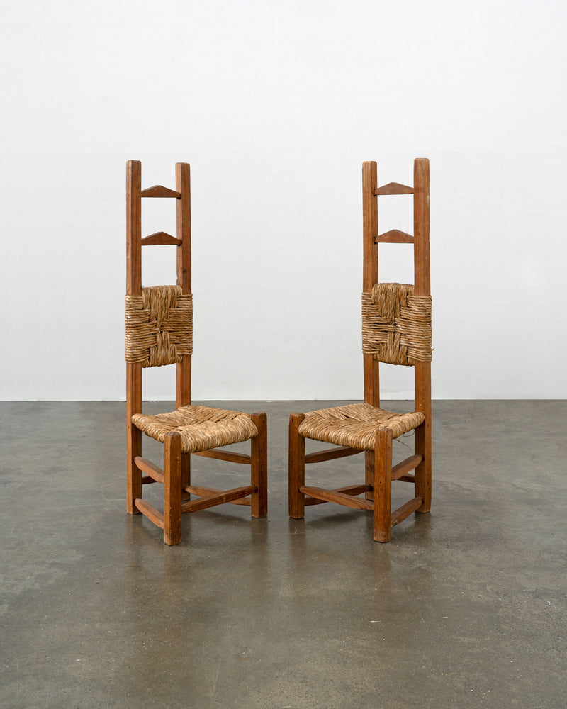 Pair of Chilean pine chairs with woven rush seats by Tom Bogle