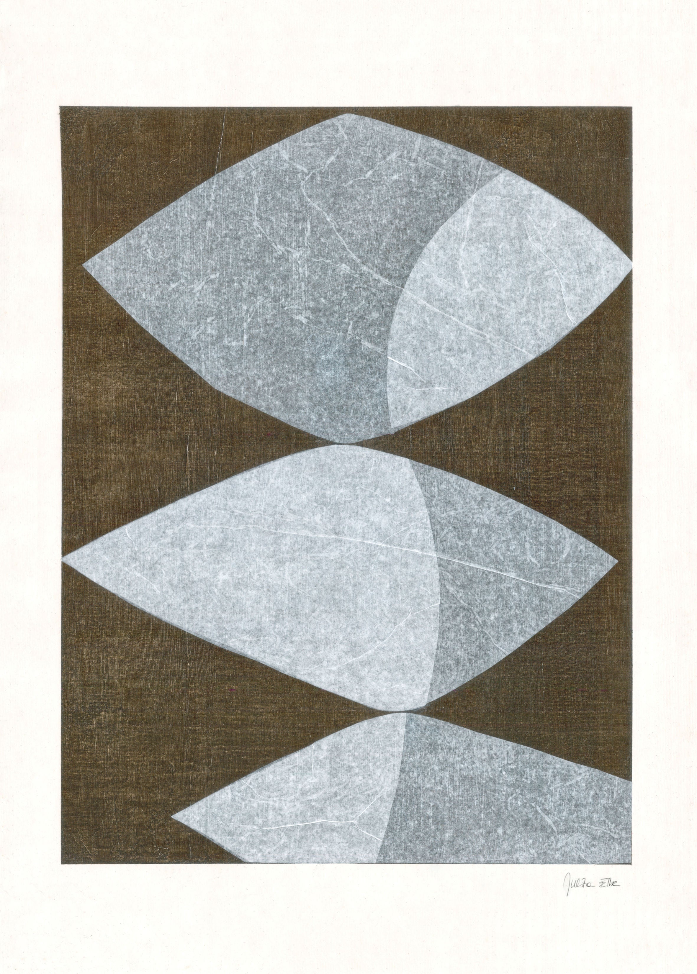 Abstract geometric drawing with three diamond-shaped leaf forms in gray tones