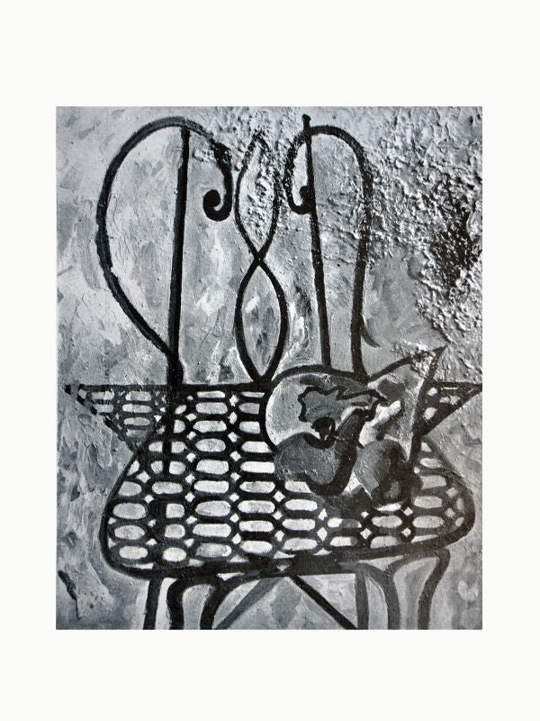 A grayscale painting, reminiscent of a vintage edition, depicts a chair with an intricate, curvy backrest and a mesh-patterned seat. On the seat are an abstract arrangement of a violin and a pitcher, blending into the chair's design and the textured background, embodying contemporary art. This artwork can be found in the Maison Plage Revue Cahiers d'Art 1947.