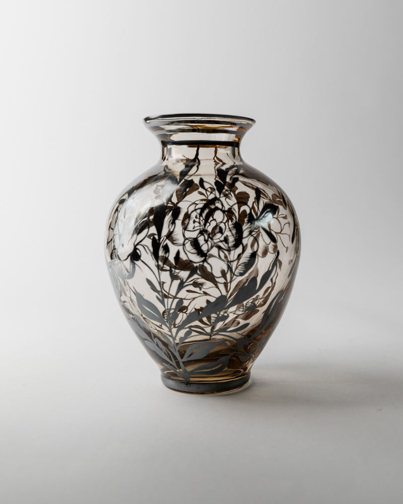 Italian glass vase with silver floral overlay detail, 1930s vintage