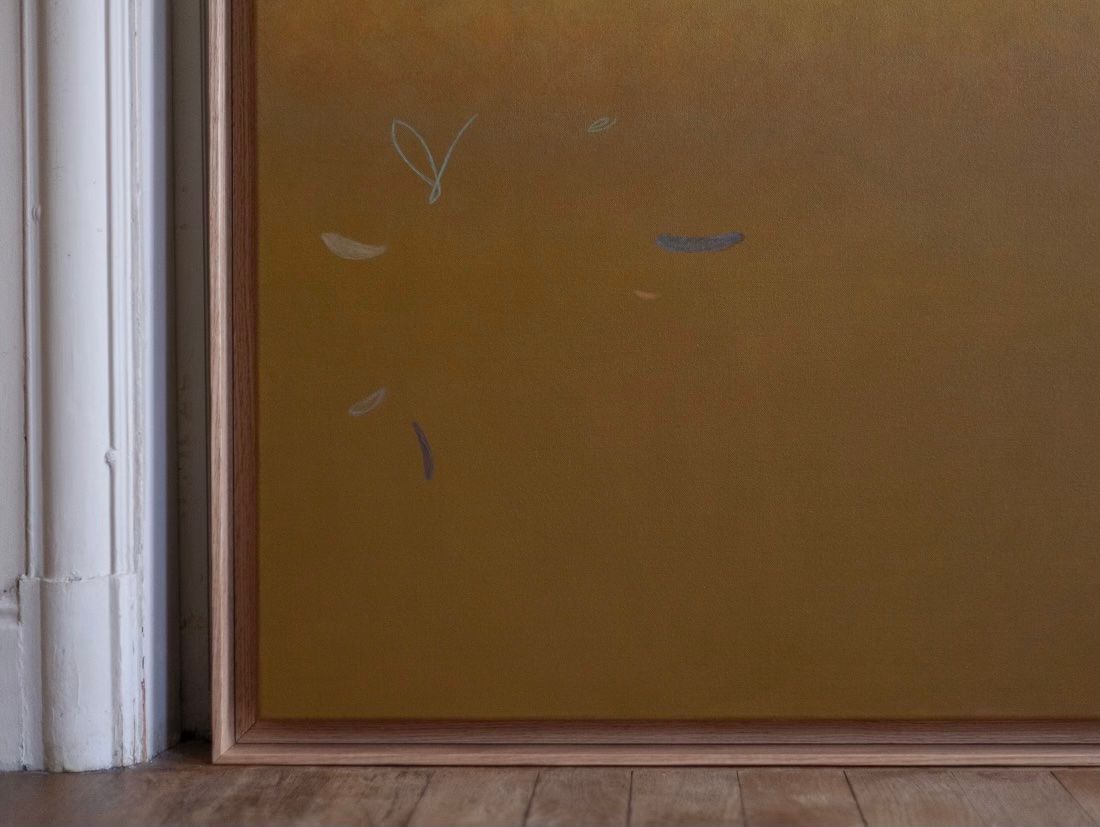 'Morning Hue' Painting, 2025 by Rebecca von Matérn features abstract shapes on an earth-toned background in a shadow frame. Resting on a hard waxed oak floor against white wall molding, it exudes understated elegance with its light and dark hues.