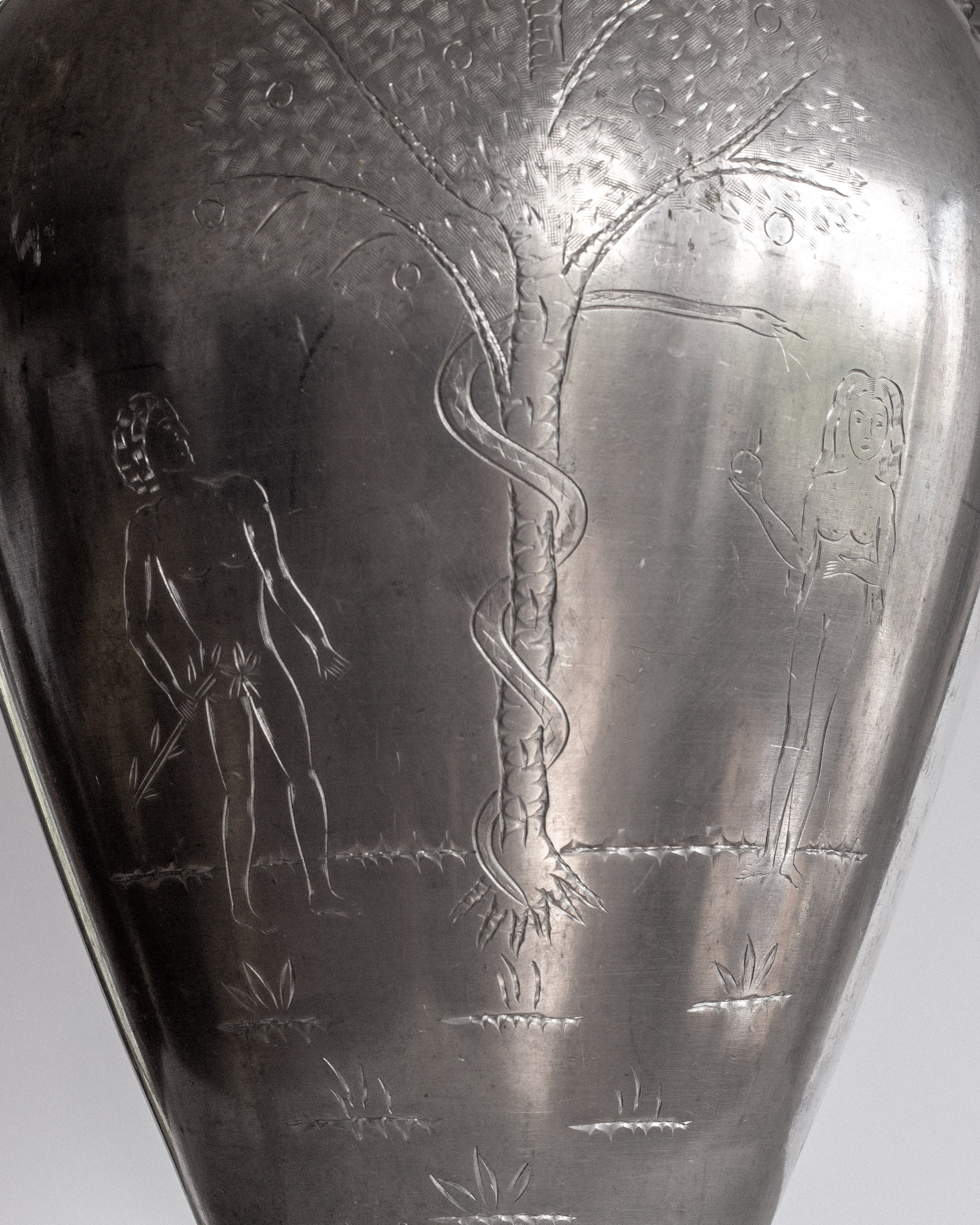 Large Swedish Art Deco Adam & Eve Pewter Amphora, 1930s