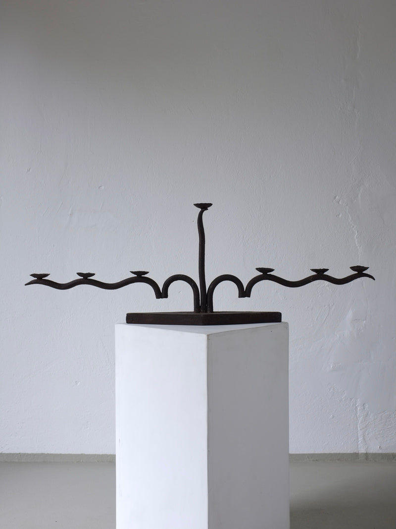 Large brutalist wrought iron candelabra with curved arms, 1960s