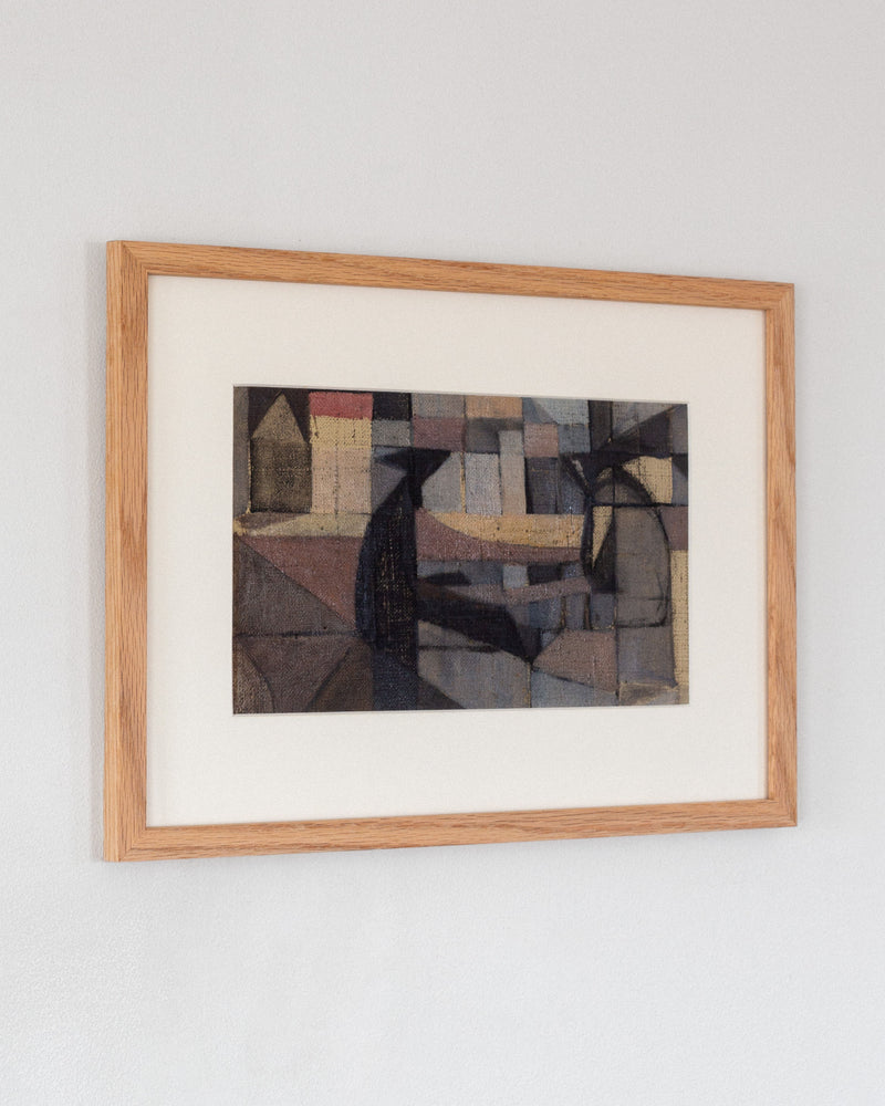 An Abstract Oil Painting by Carl Riise from the 1970s, offered by Spigel, is mounted on a light gray wall. The cubist-influenced piece showcases geometric shapes in muted hues—brown, black, gray—and touches of yellow and pink create a textured mosaic effect. The painting is framed in wood.