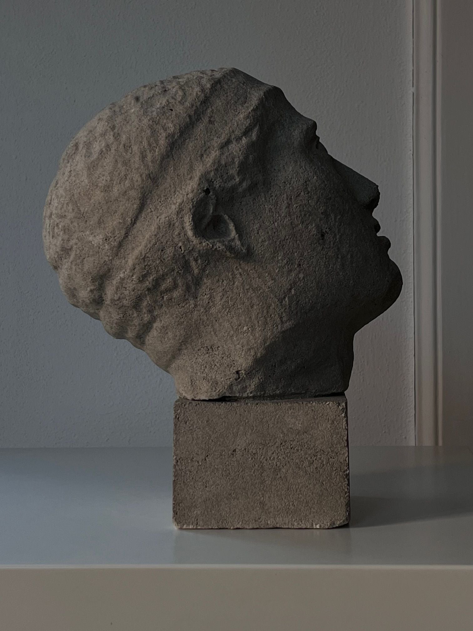 A sandstone bust from the collection of Médecine, known as the Decorative Bust, rests elegantly on a square base. Its mid-20th century charm is highlighted by a rich patina. Displayed against a neutral background with soft lighting, the artwork's textured surface and detailed features are beautifully emphasized.