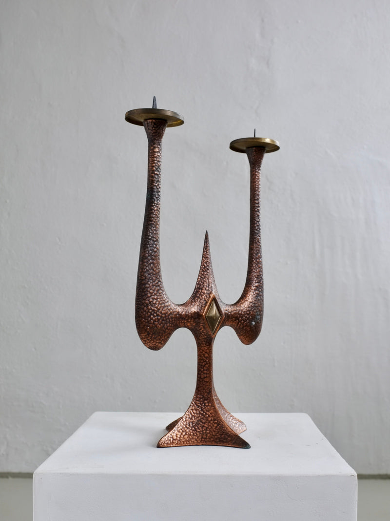 Brutalist copper candle holder with hammered texture and brass details