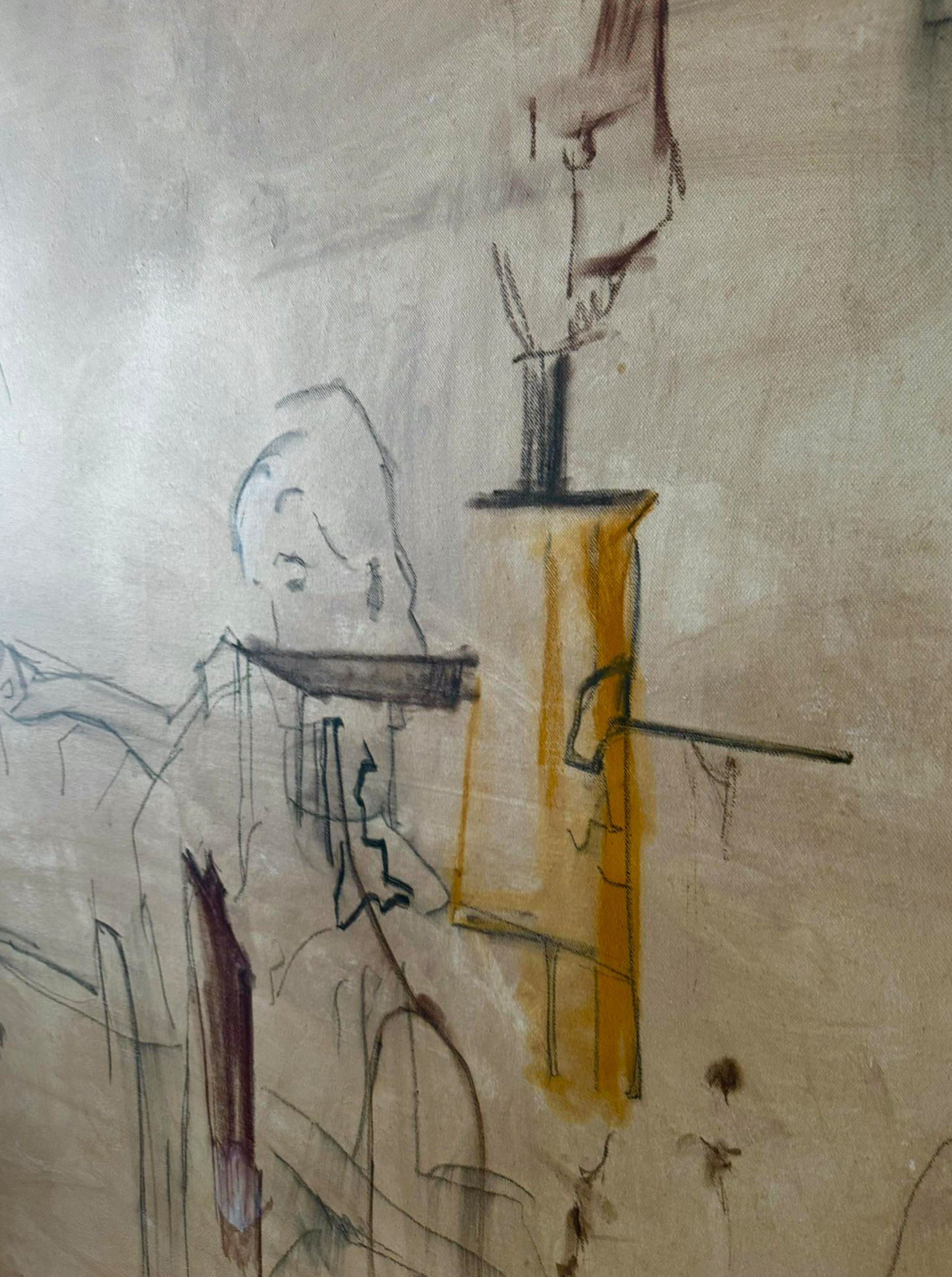 A minimalist sketch on a textured wall depicts abstract human figures and objects. One central object is shaded yellow and appears rectangular. The surrounding lines and shapes, drawn in soft, subtle colors, create an impressionistic scene that enhances the space's aesthetics with Untitled - Acrylic, oil pastel, charcoal on canvas by Dovile Bernotaite.