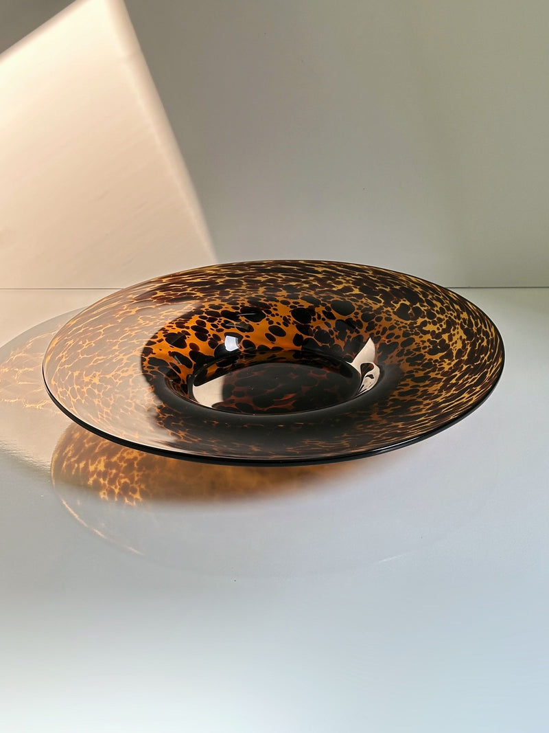 Large Murano tortoiseshell glass fruit bowl with amber speckled pattern