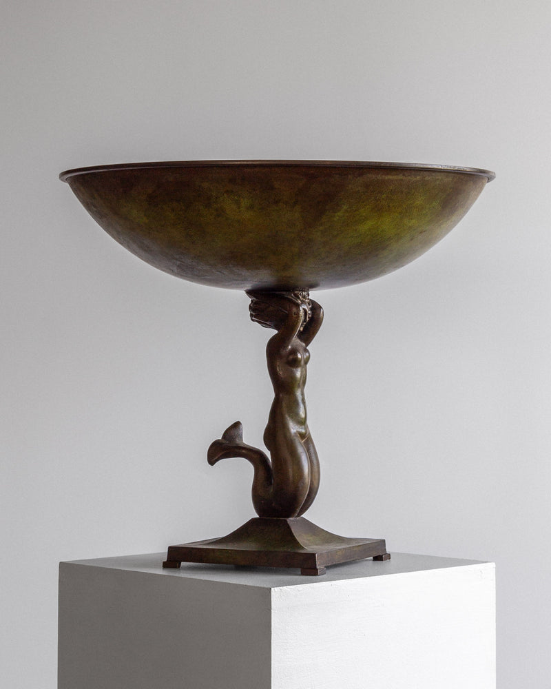 Bronze Art Deco bowl with mermaid figure support, Swedish 1930s