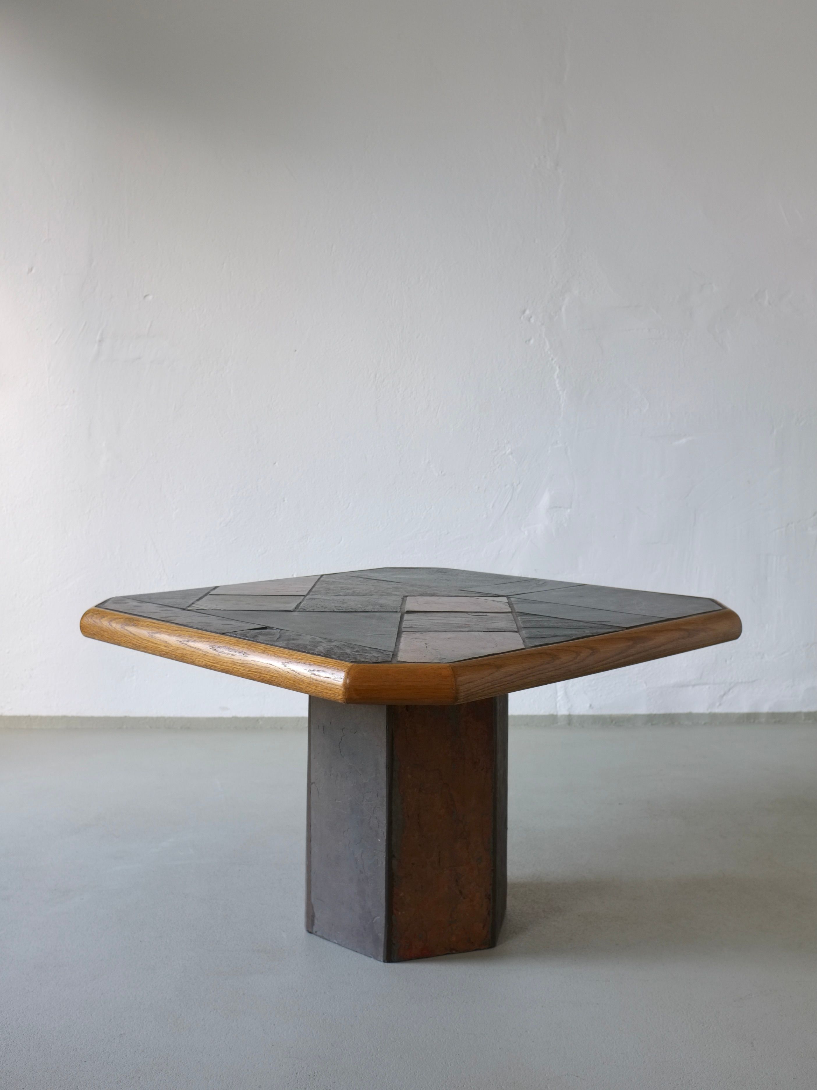 Brutalist Stone Oak Square Coffee Table | 1970s