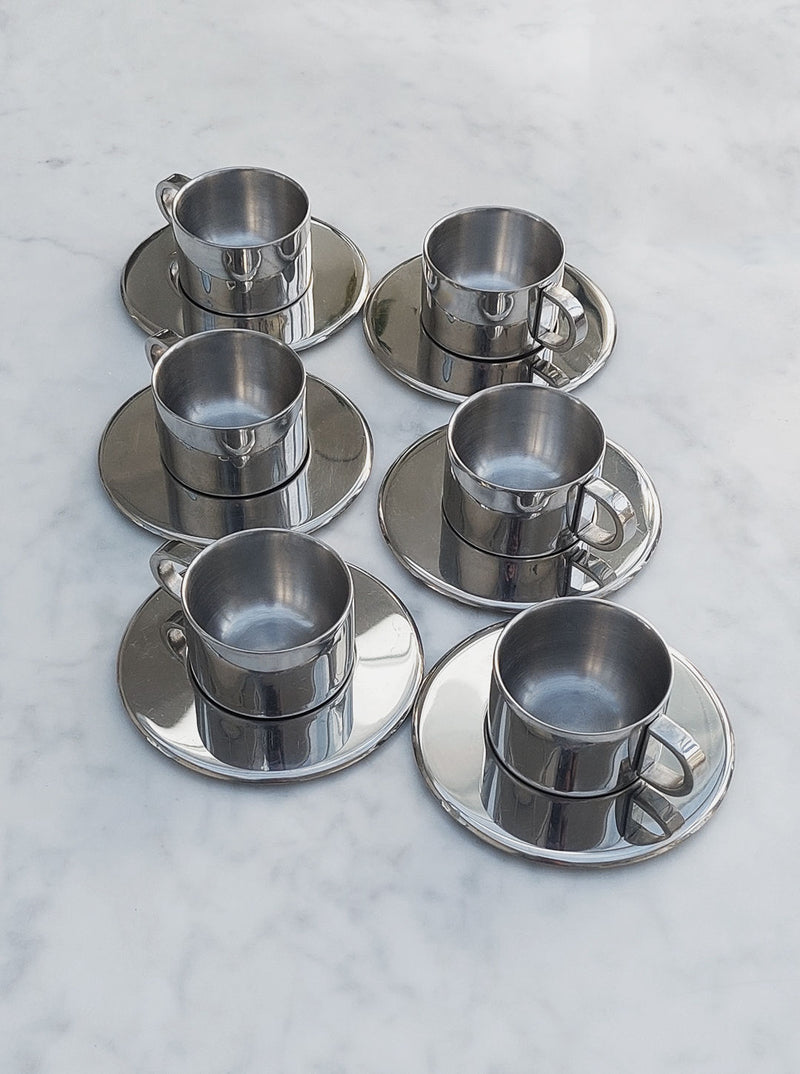 Set of 6 white porcelain espresso cups with matching saucers