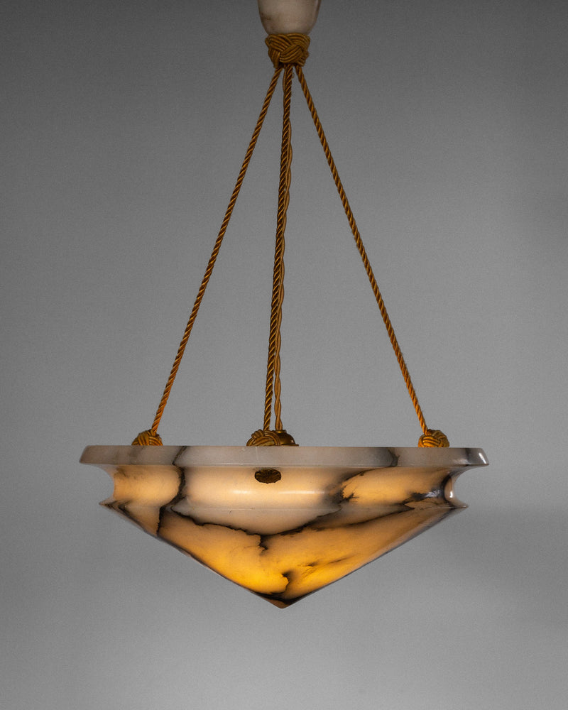 Art Deco diamond alabaster pendant light suspended by rope cords