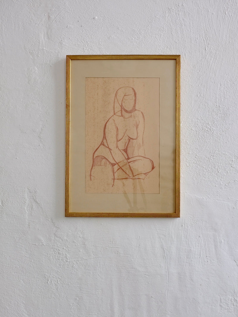 Modernist nude figure drawing by Gustaf Höglund, red chalk on paper