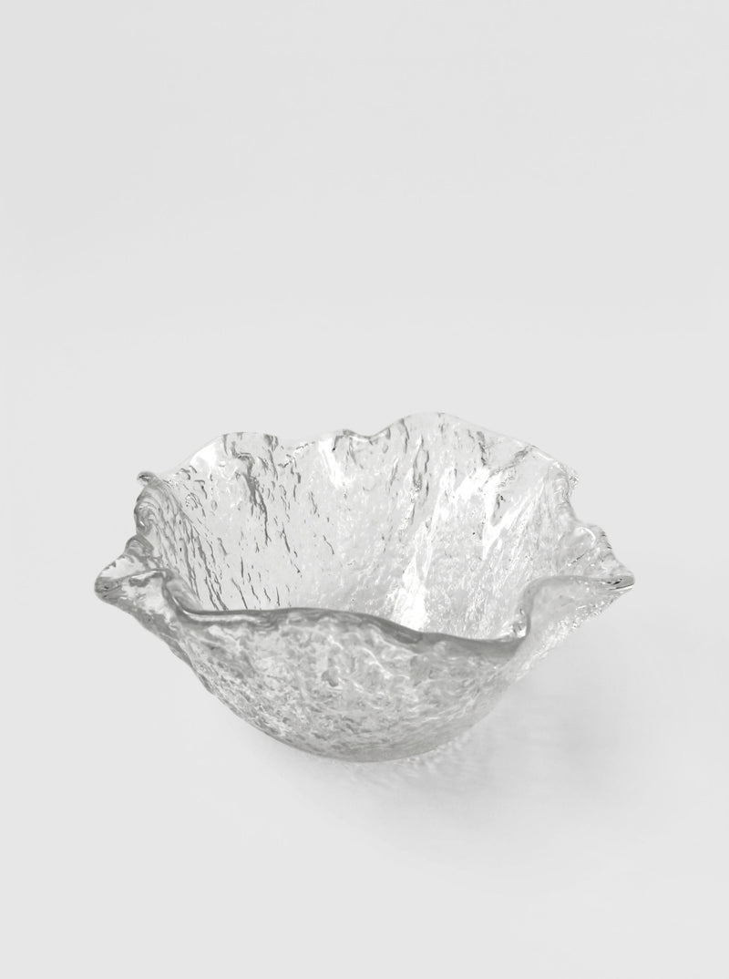 Clear textured glass bowl with organic ruffled rim by Uno Westerberg