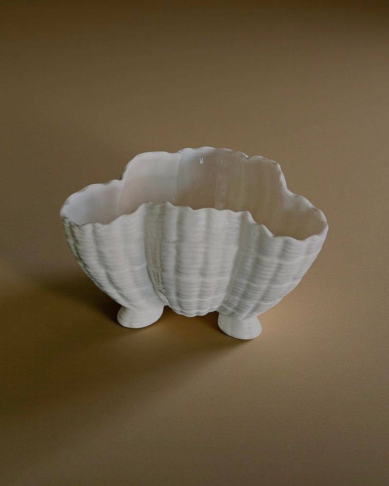 White porcelain shell bowl with fluted ridges, 1950s vintage