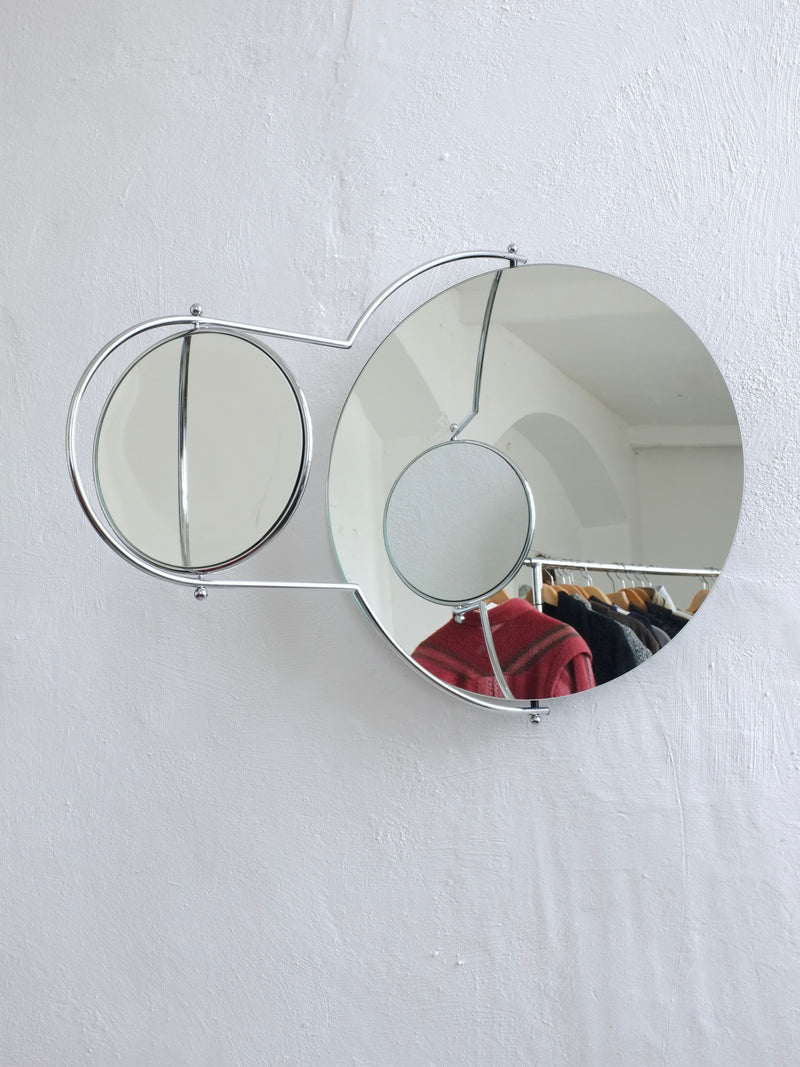 Postmodern Orbit wall mirror with chrome frame and multiple circles