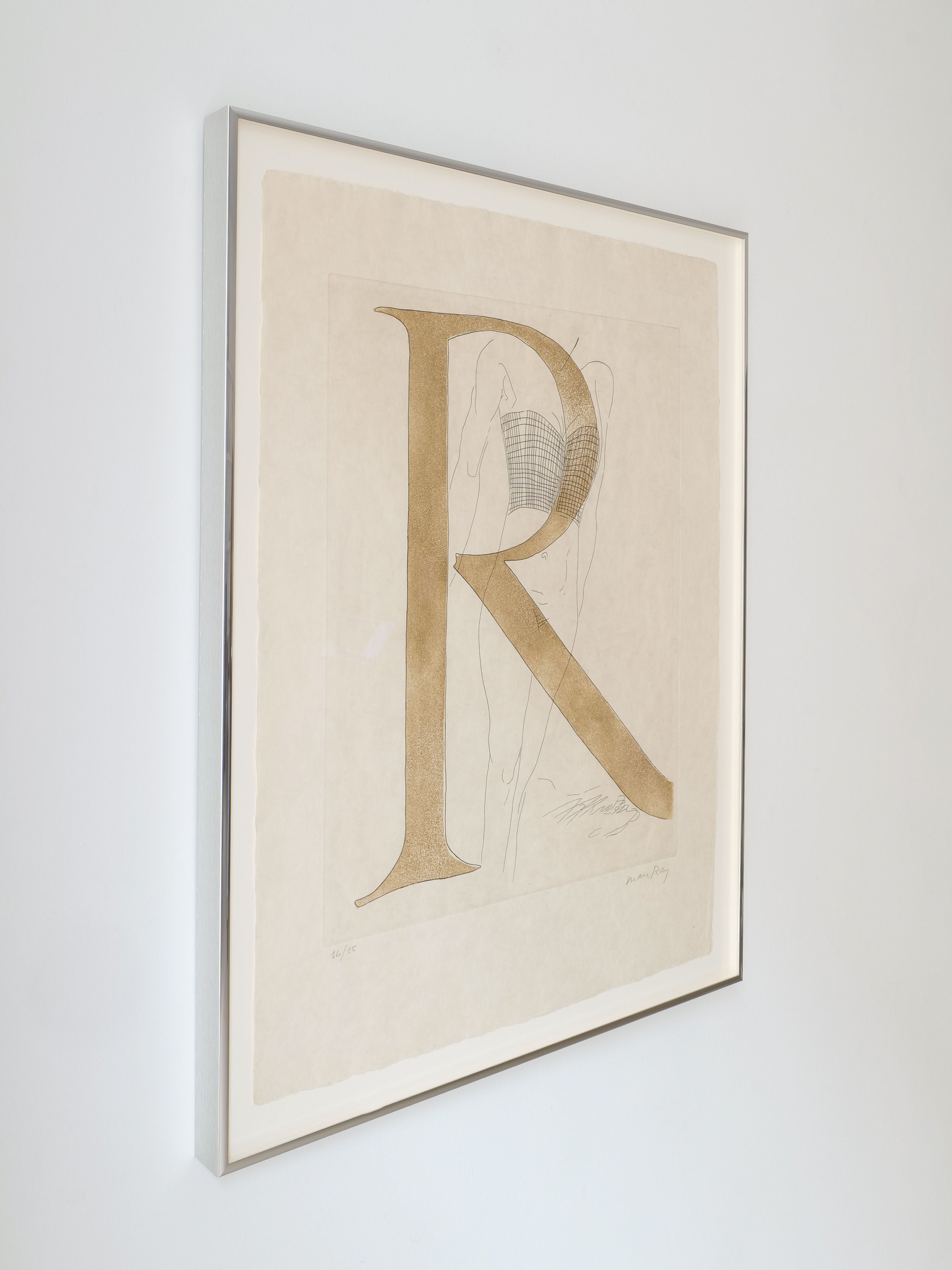 This limited edition Man Ray Etching 'Renee' 1970 from Collection apart features a large gold "R" with abstract line details, reflecting the intricate surrealist photography style.