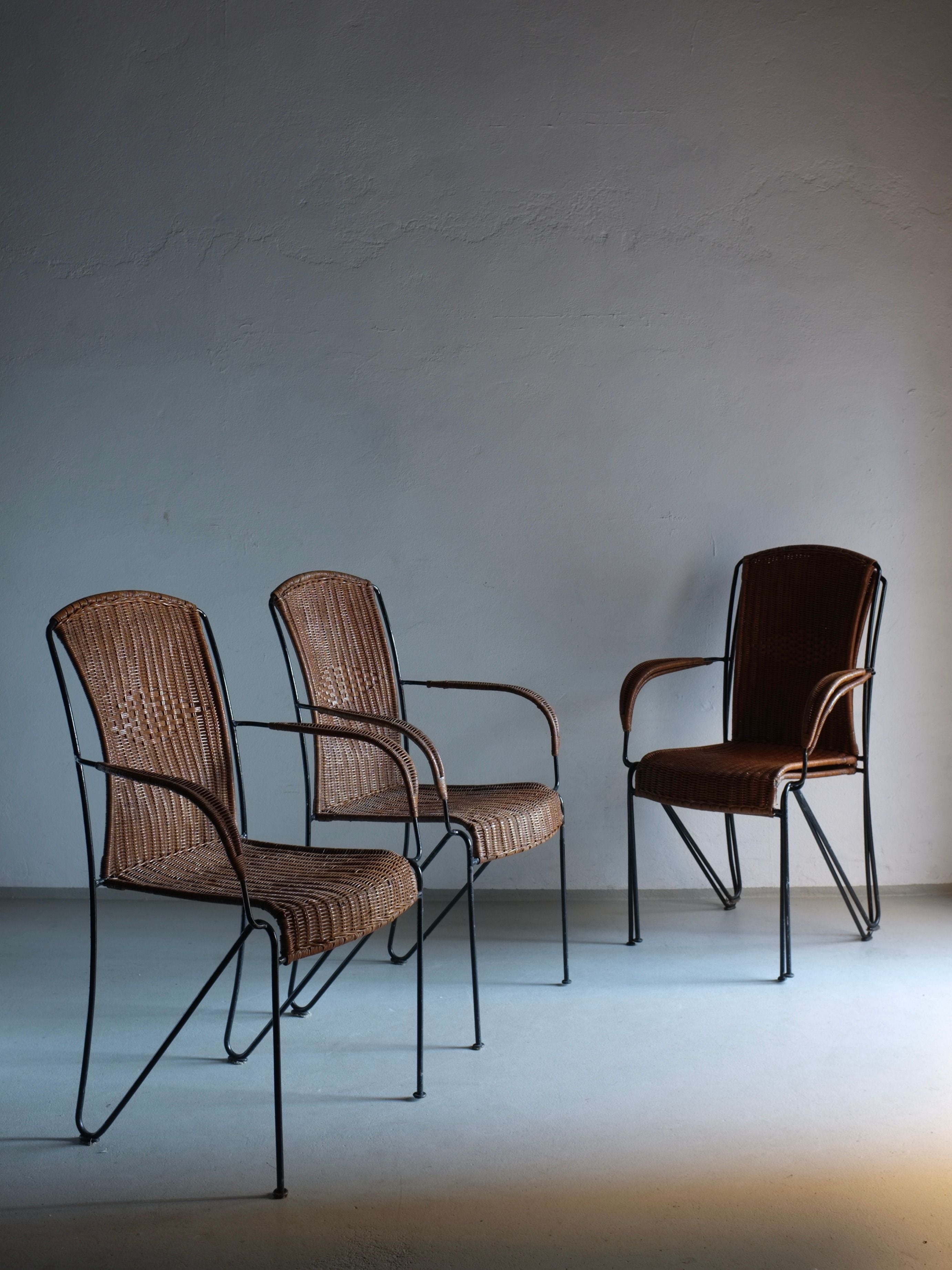4 Frederick Weinberg Wicker Iron Armchairs, 1960s