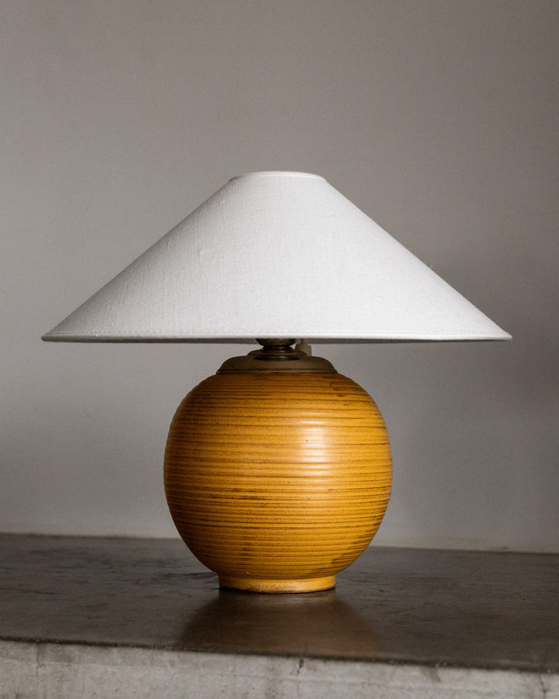 Vintage ceramic table lamp with ribbed golden base and white shade, Sweden 1930s