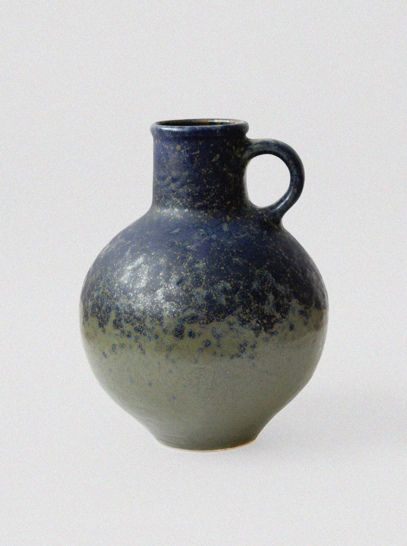 Large 70s ceramic jug vase with blue speckled glaze and handle