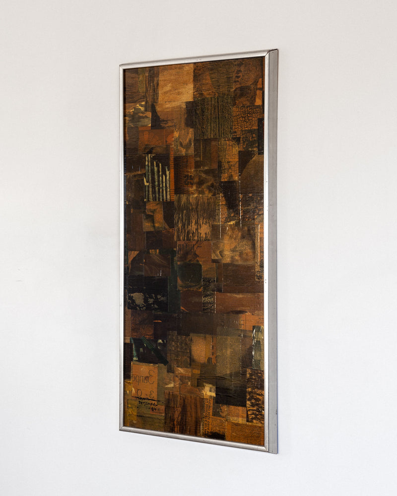 A rectangular framed artwork by Spigel on a white wall showcases the "Mid-Century Abstract Collage Artwork | 1964, Sweden" by Lars Bergander, featuring brown and earth-toned textured papers with wood and fabric patterns in a mid-century modernist style.
