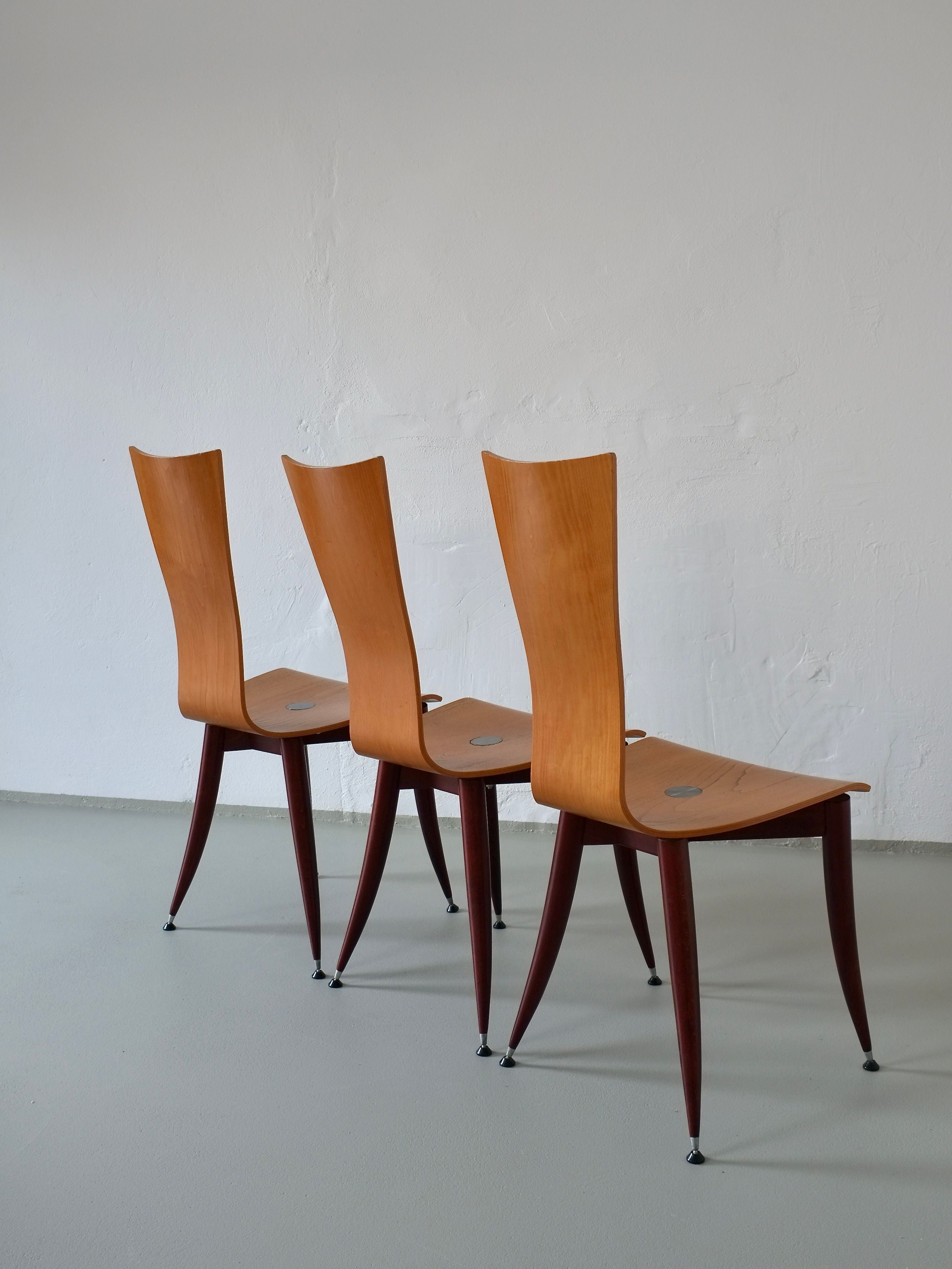 Set of 3 Plywood Burgundy Legs Chairs, Italy 1980s