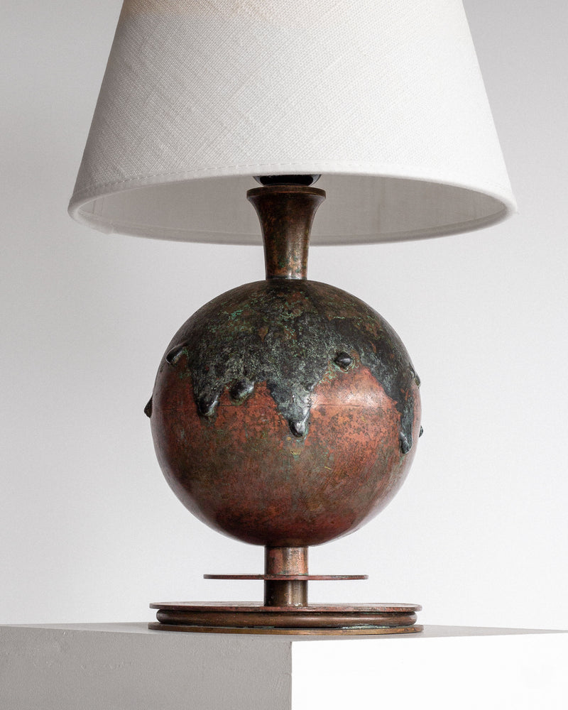 Art Deco copper lamp with oxidized patina and white linen shade