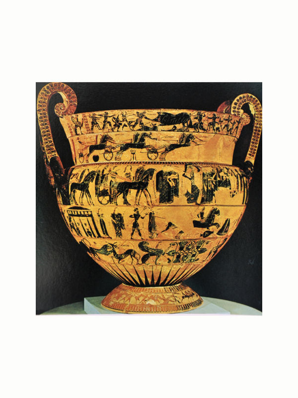 A decorated ancient Greek vase, likely a krater, adorned with intricate black-figure illustrations depicting various human and animal figures, as well as scenes suggestive of daily life and mythology. "The Greek World: Classical, Byzantine, and Modern" by Maison Plage is an exquisite piece of Greek culture that has two ornate handles and sits proudly on a display stand.