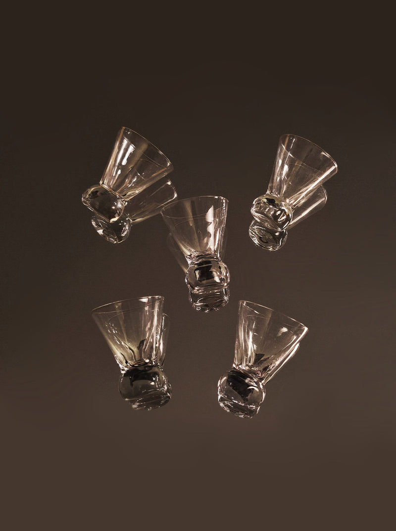 Set of 5 crystal shot glasses with twisted sculptural stems