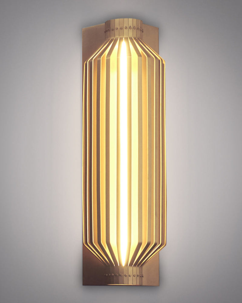 Modern wooden Tower wall light with geometric slat design by Nader Gammas