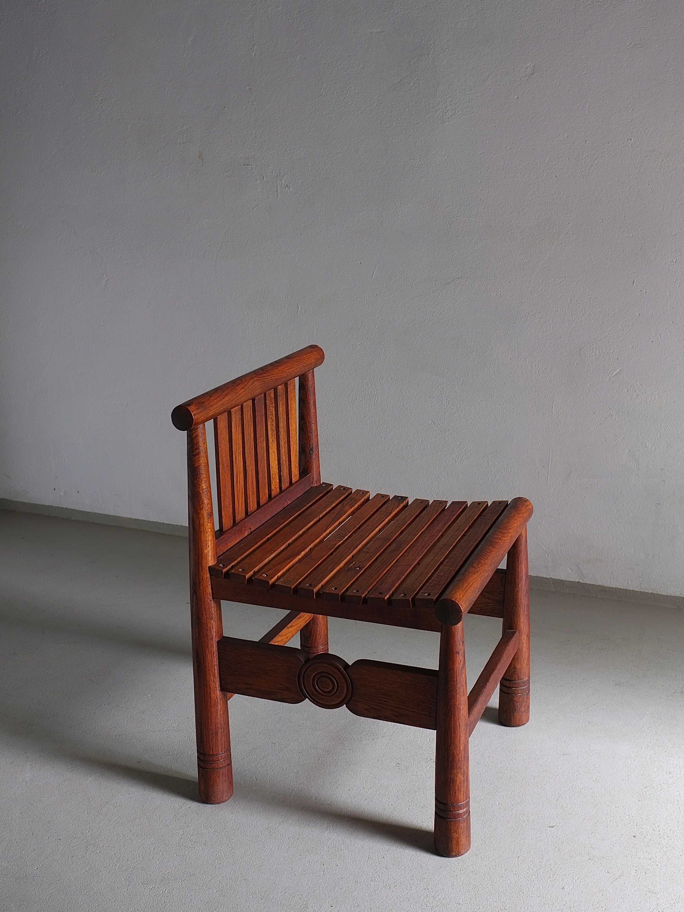 Carved Oak Low Back Chair France 1960s