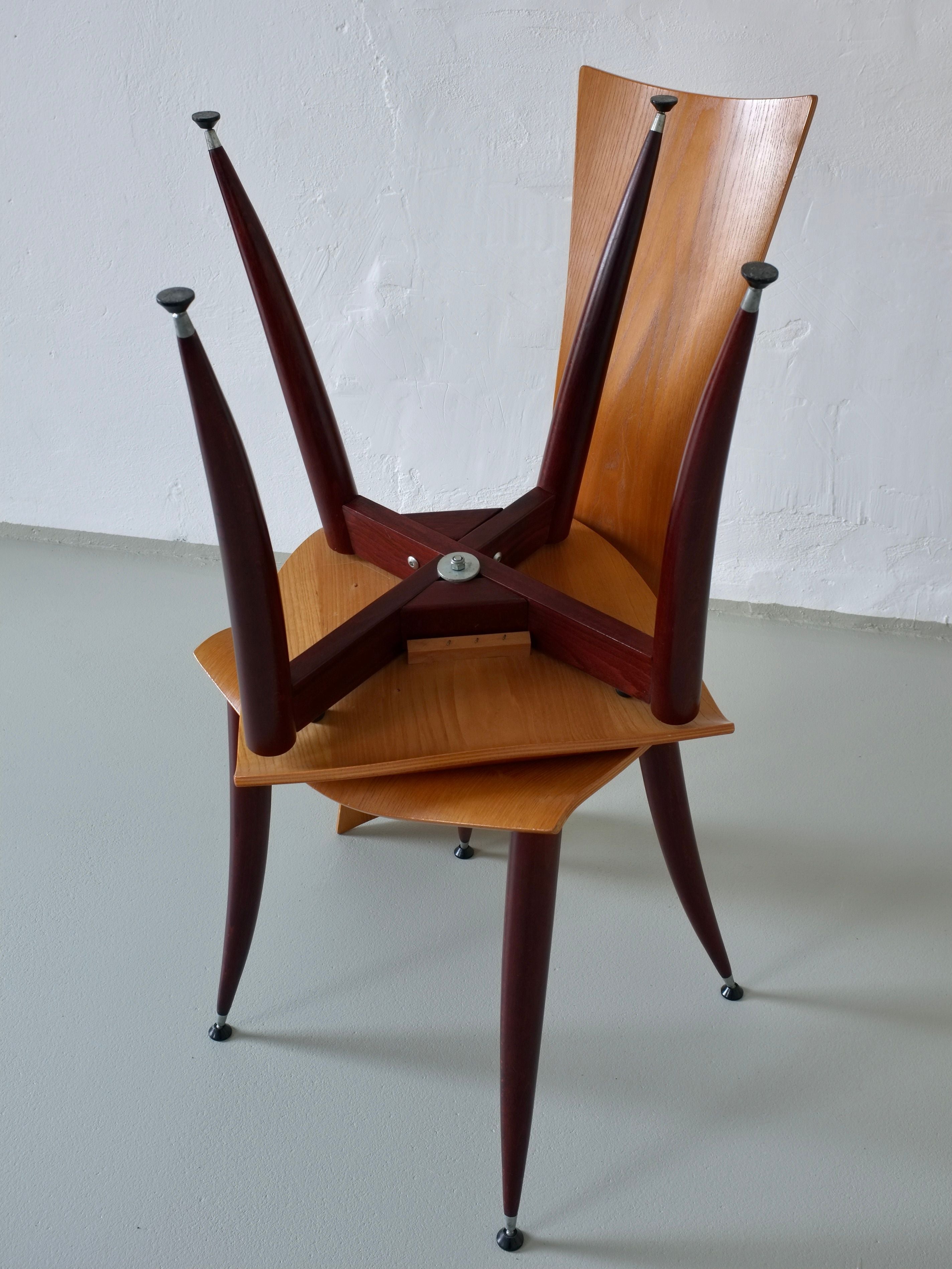 Set of 3 Plywood Burgundy Legs Chairs, Italy 1980s