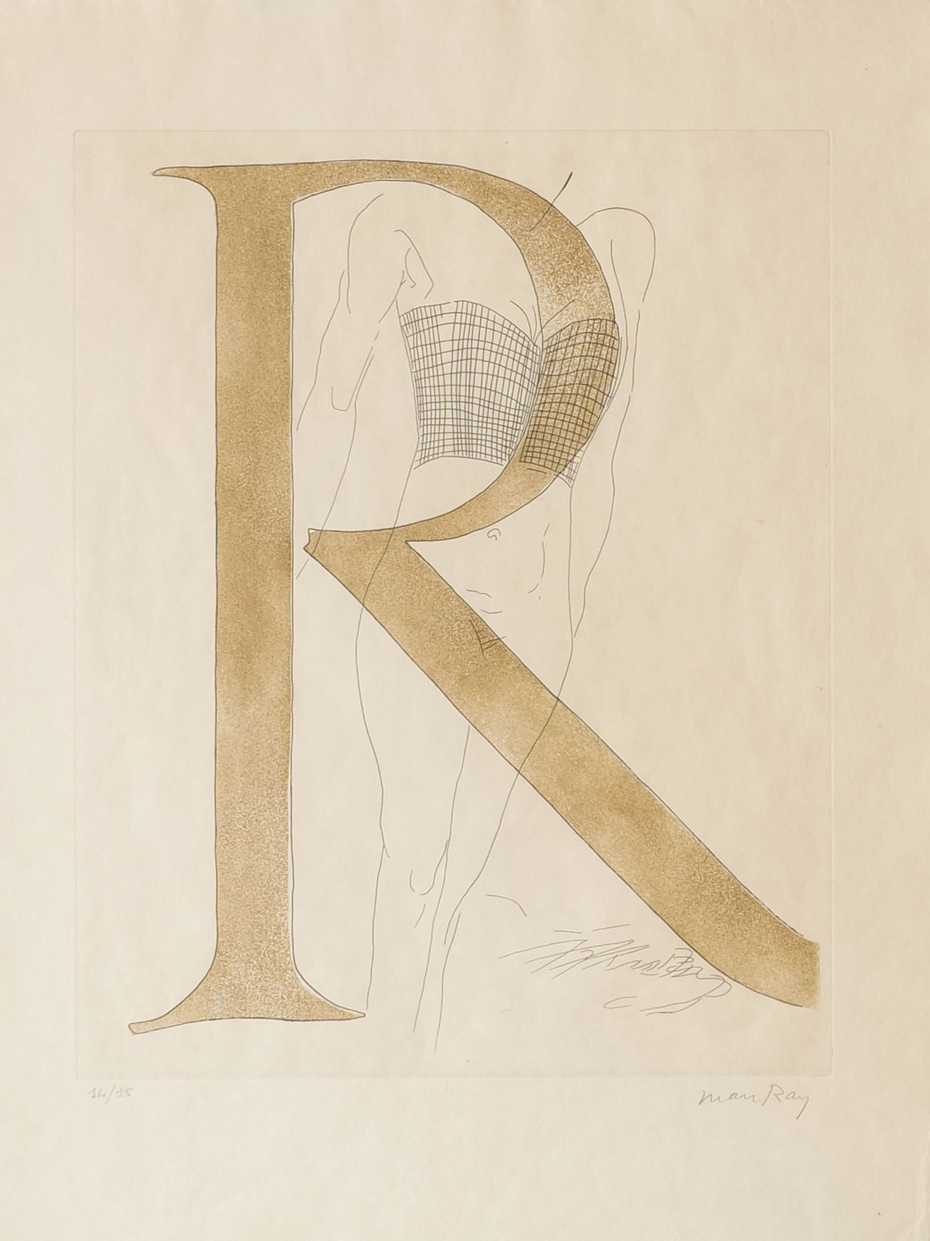 The 'Renee' 1970 etching from Collection apart blends the letter "R" with a nude figure sketched inside. A checkered torso design evokes Man Ray's surrealism, while text at the bottom right adds intrigue. Limited edition piece.