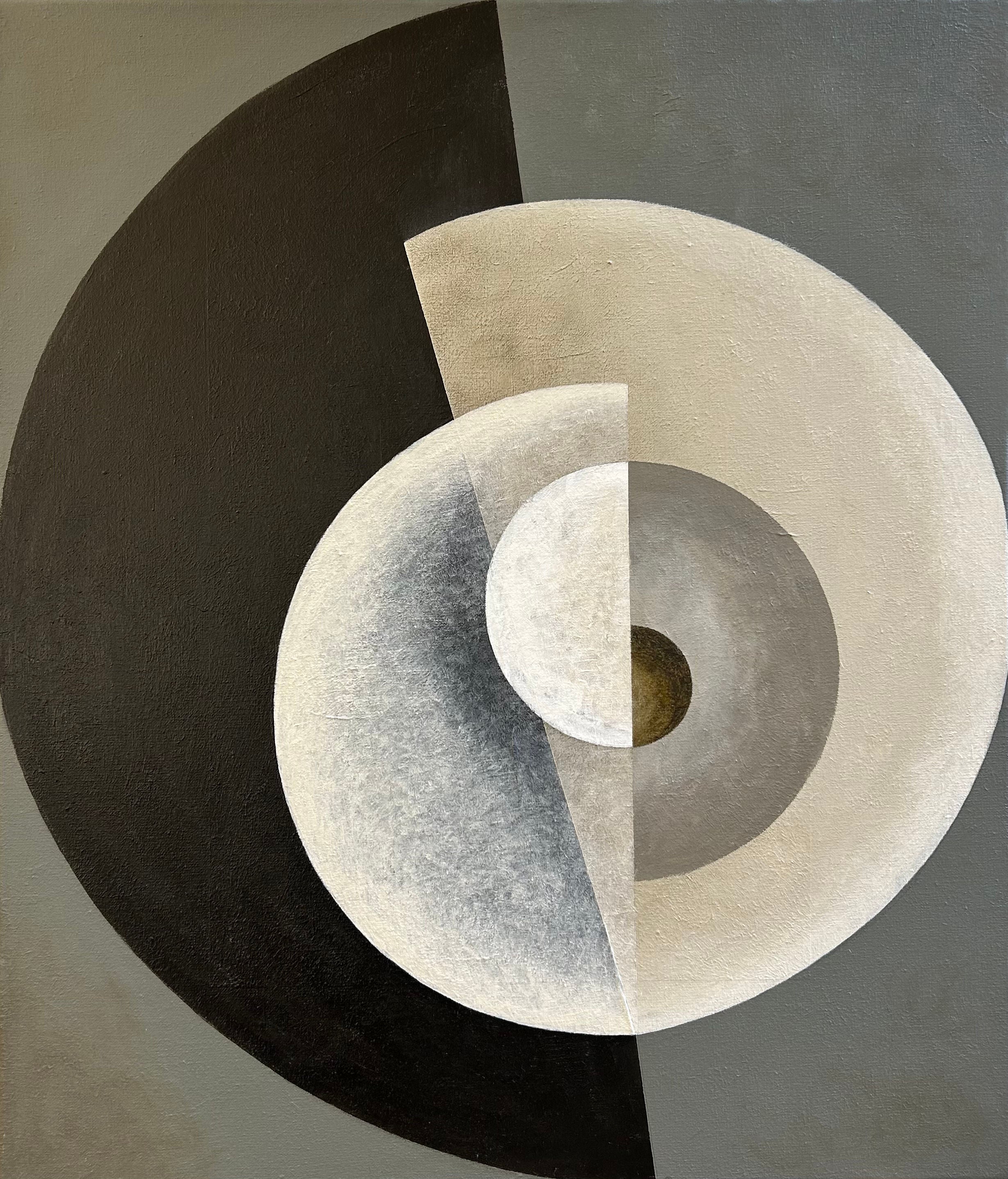 The "Spiralling" Painting, 2024 by Iris Bavelaar features overlapping geometric shapes, primarily circles and segments, in shades of gray, black, and white. Acrylic on canvas with a textured surface. The composition creates a sense of depth and movement through contrasting light and dark areas. It comes in a brown wooden box frame.