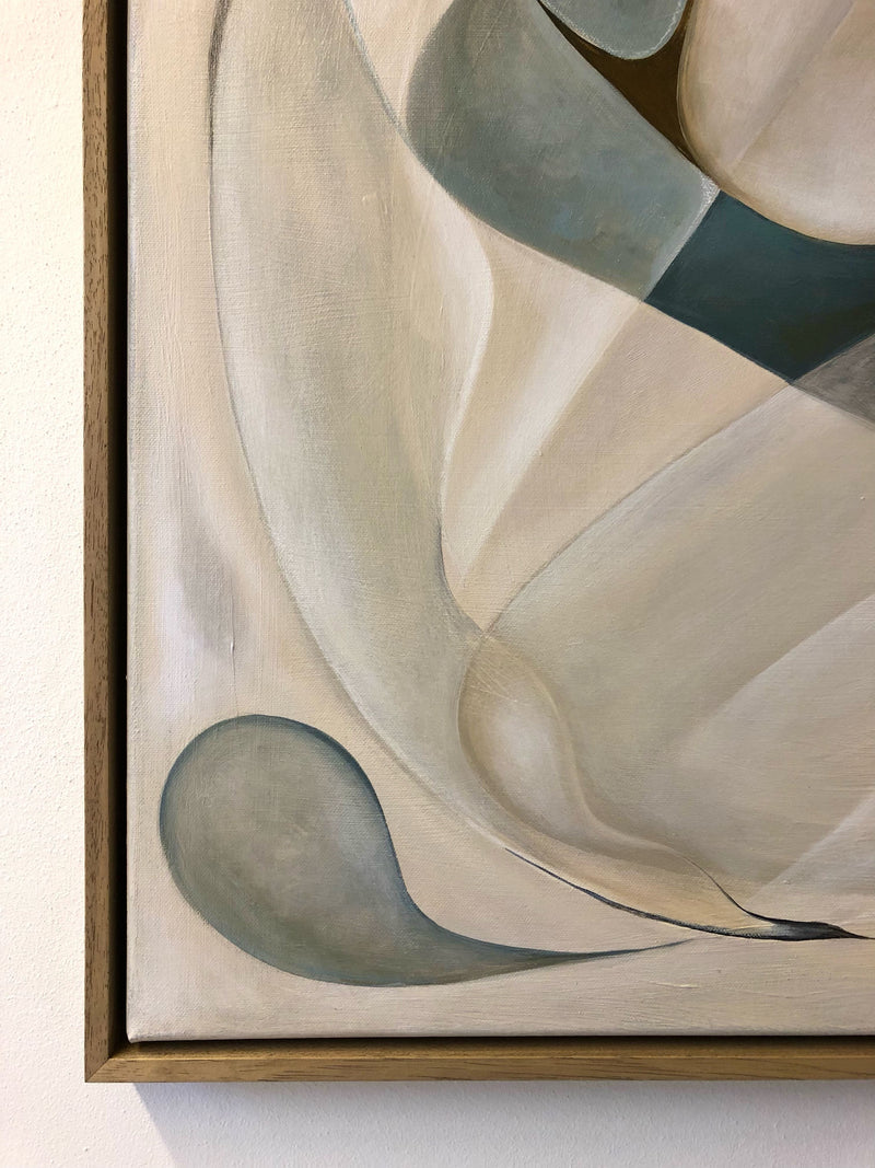 Close-up of "Fragments of The Unseen, 2024," an abstract painting by Cate Adriana featuring smooth, curved shapes and muted colors such as beige, gray, and green. This acrylic work is presented in a simple wooden frame with the canvas displaying flowing, organic forms.