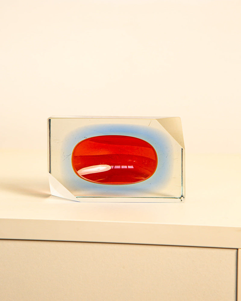 Clear glass vide-poches with red oval interior by Flavio Poli