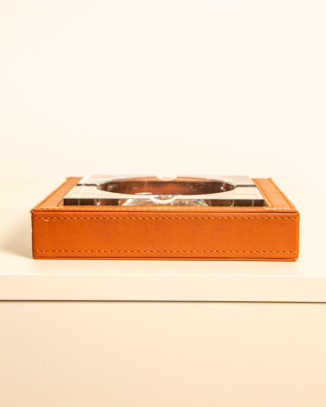 Square Glass and Leather Ashtray 90s