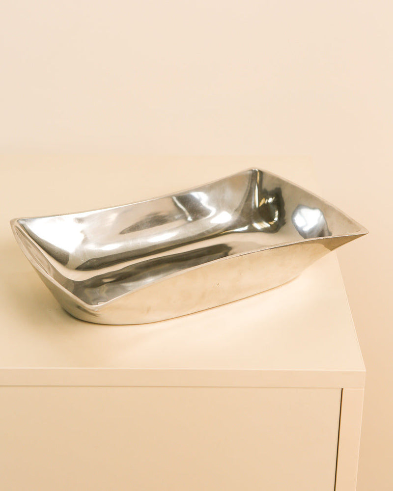 Large aluminum vide-poche tray with curved edges from the 1980s