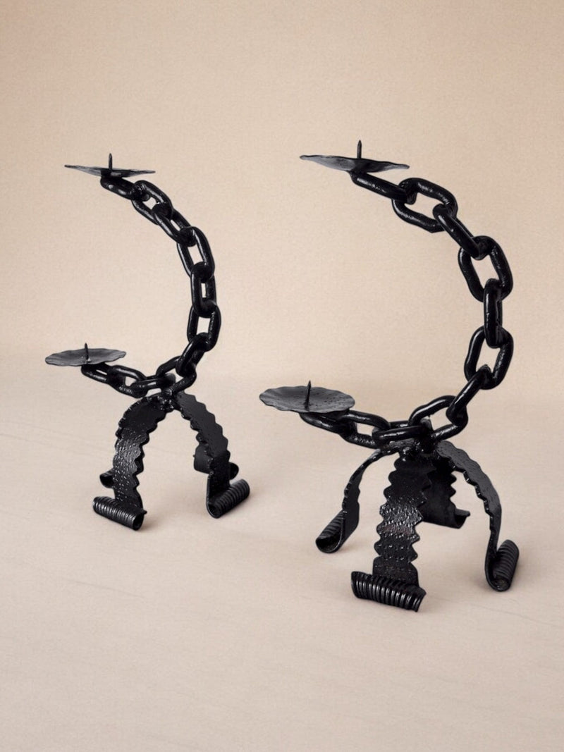 Pair of black wrought iron brutalist chain candleholders, Italy 1960s