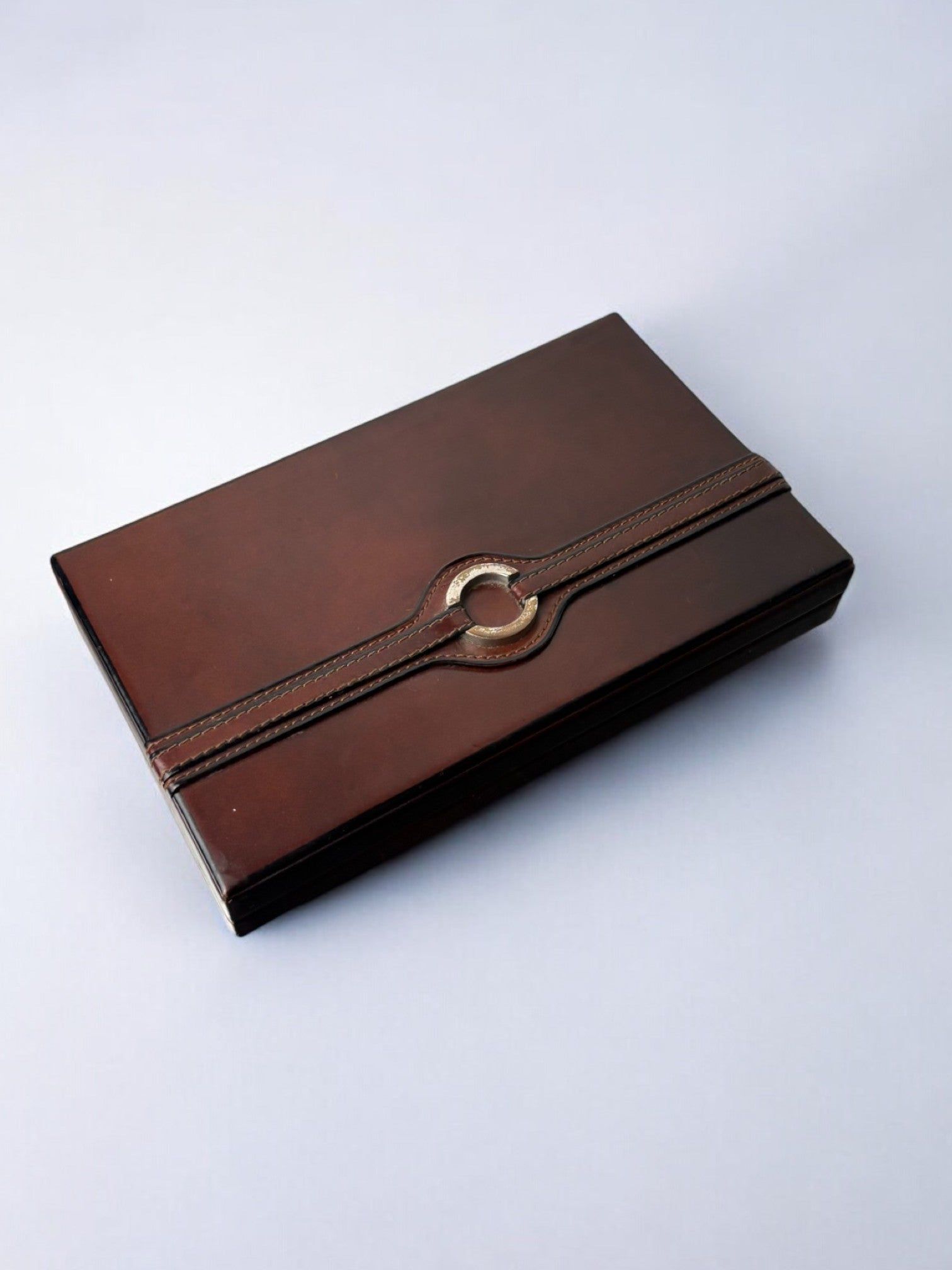 Brown leather decorative box with brass ring closure Spain 1970s