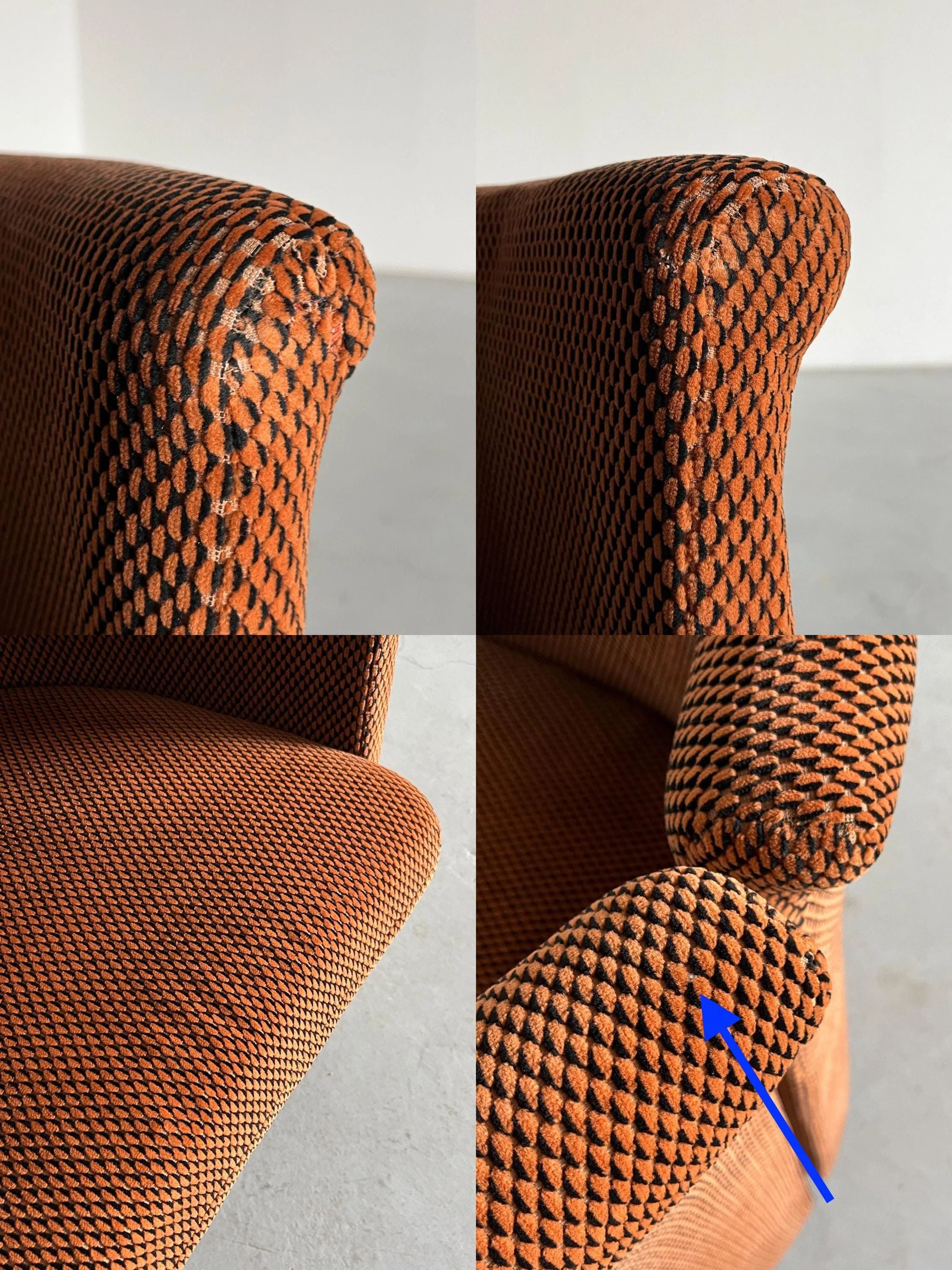 Collage of Cherry Cargo's Pair of Postmodern Armchairs highlighting the orange and black houndstooth fabric, rounded armrests, and cushion. A blue arrow showcases the texture against a plain light-colored wall.