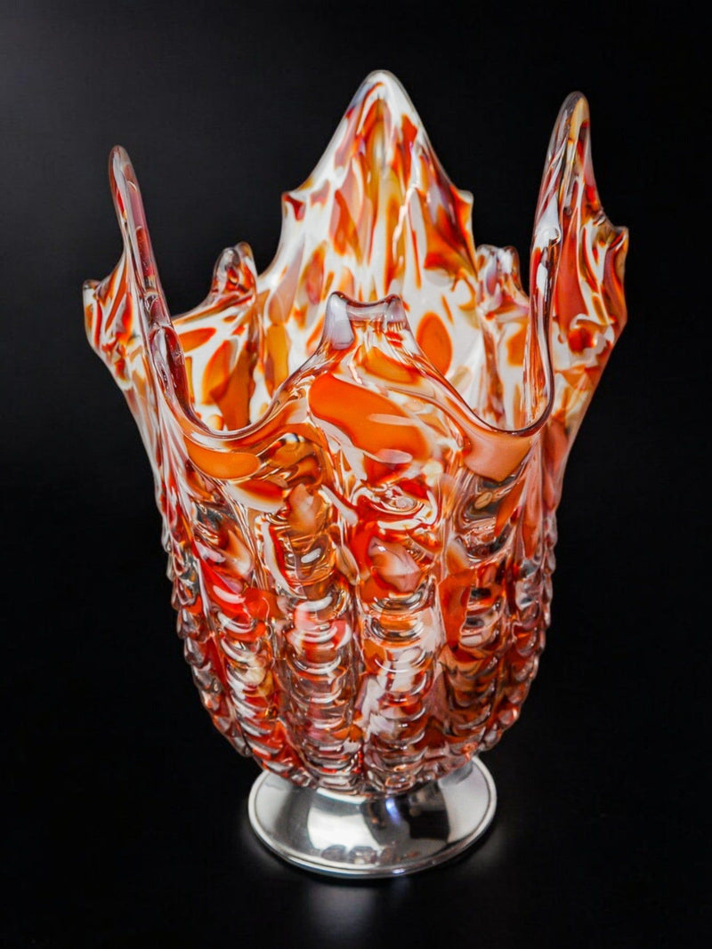 Seguso Murano glass vase with orange swirled pattern and flame edges