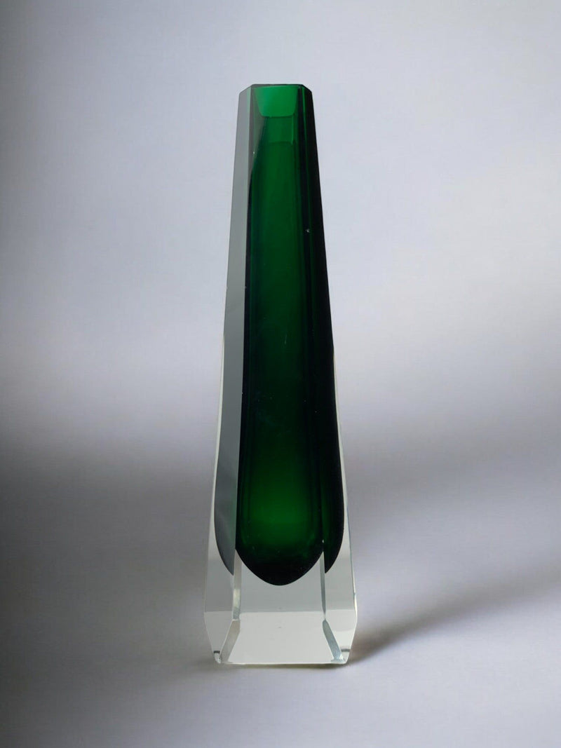 Tall green Sommerso glass vase with faceted crystal exterior