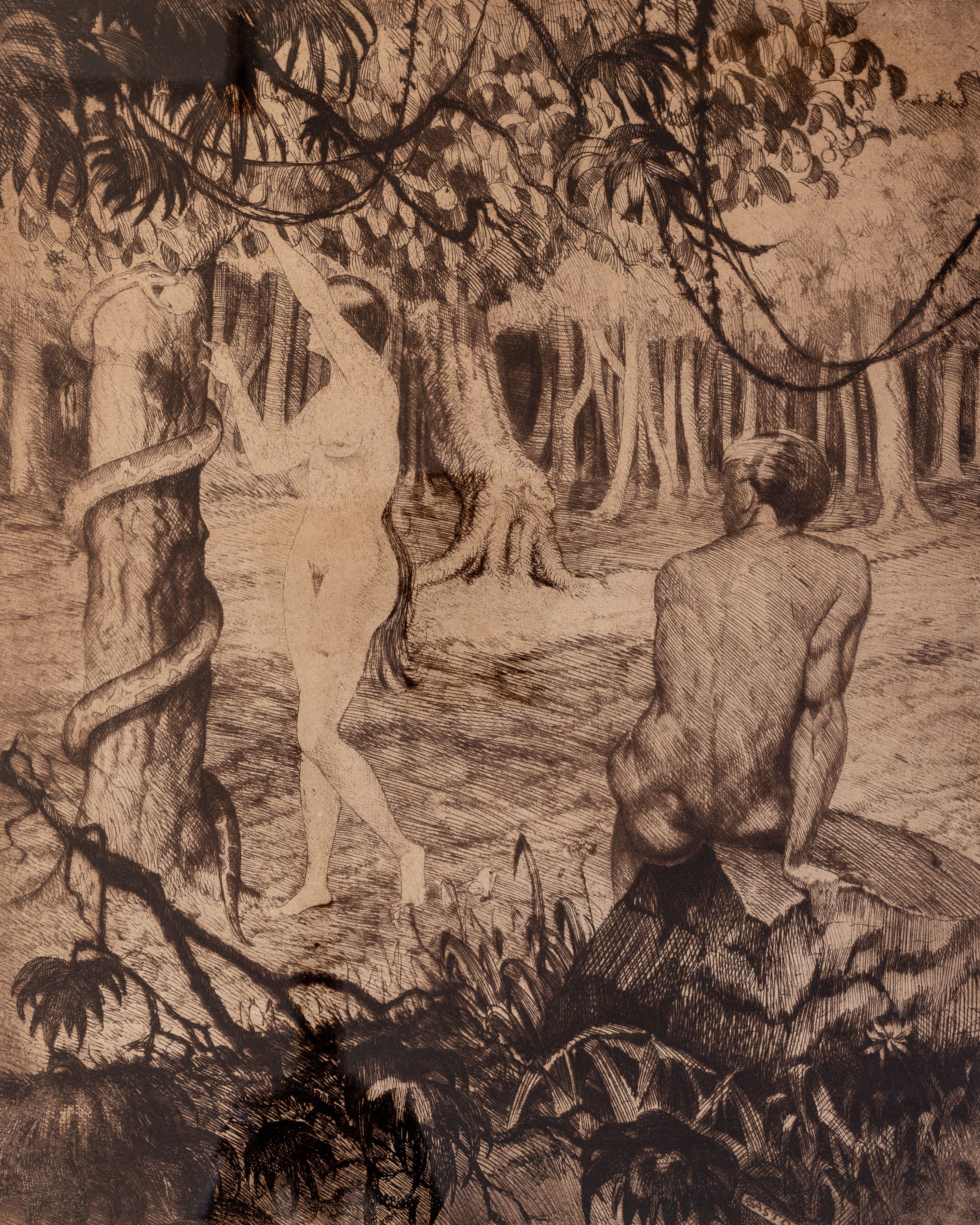 Adam & Eve - Original Etching by Gaston Smidt, 1900s