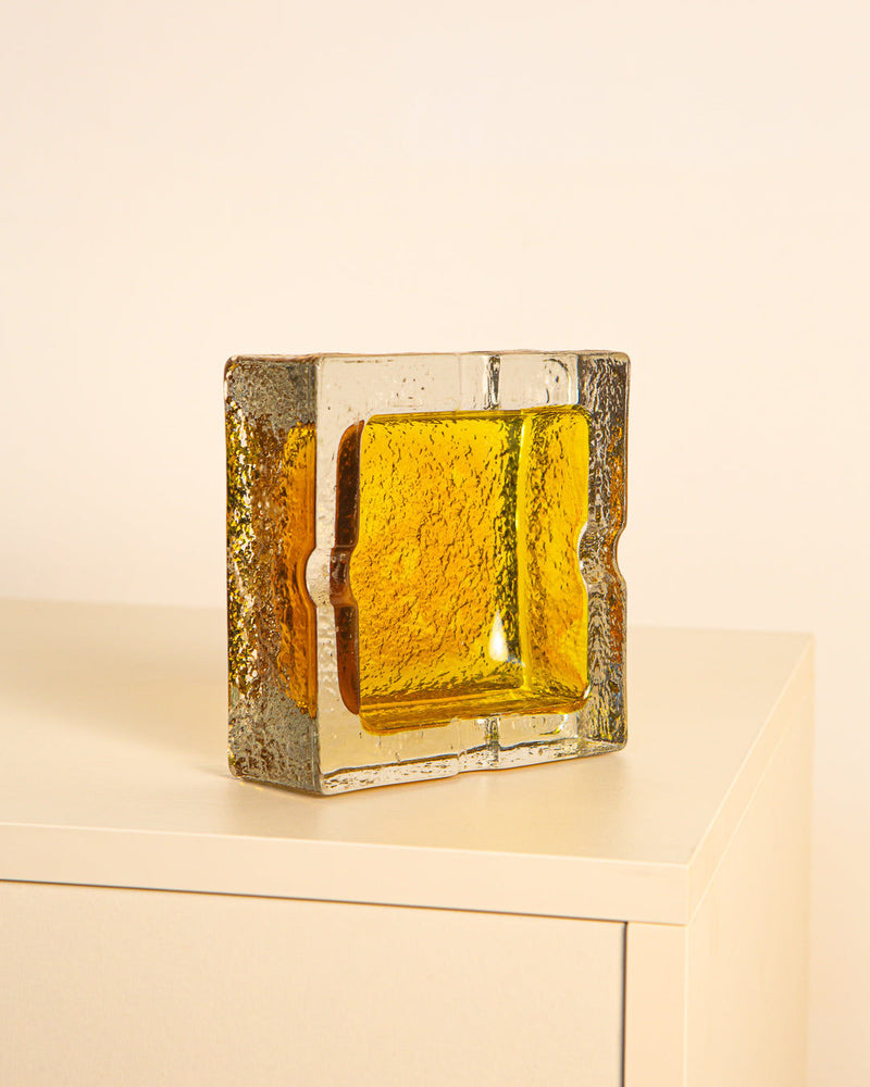 Square amber glass ashtray with textured sides, Italian 1960s design