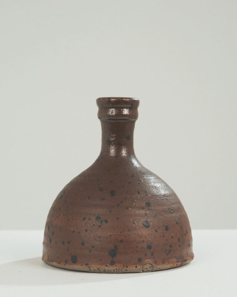Brown stoneware soliflore vase with speckled glaze by Gustave Tiffoche