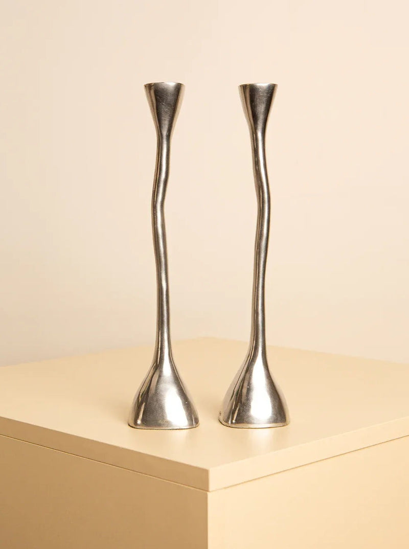 Pair of vintage 80's aluminum candle holders with geometric design