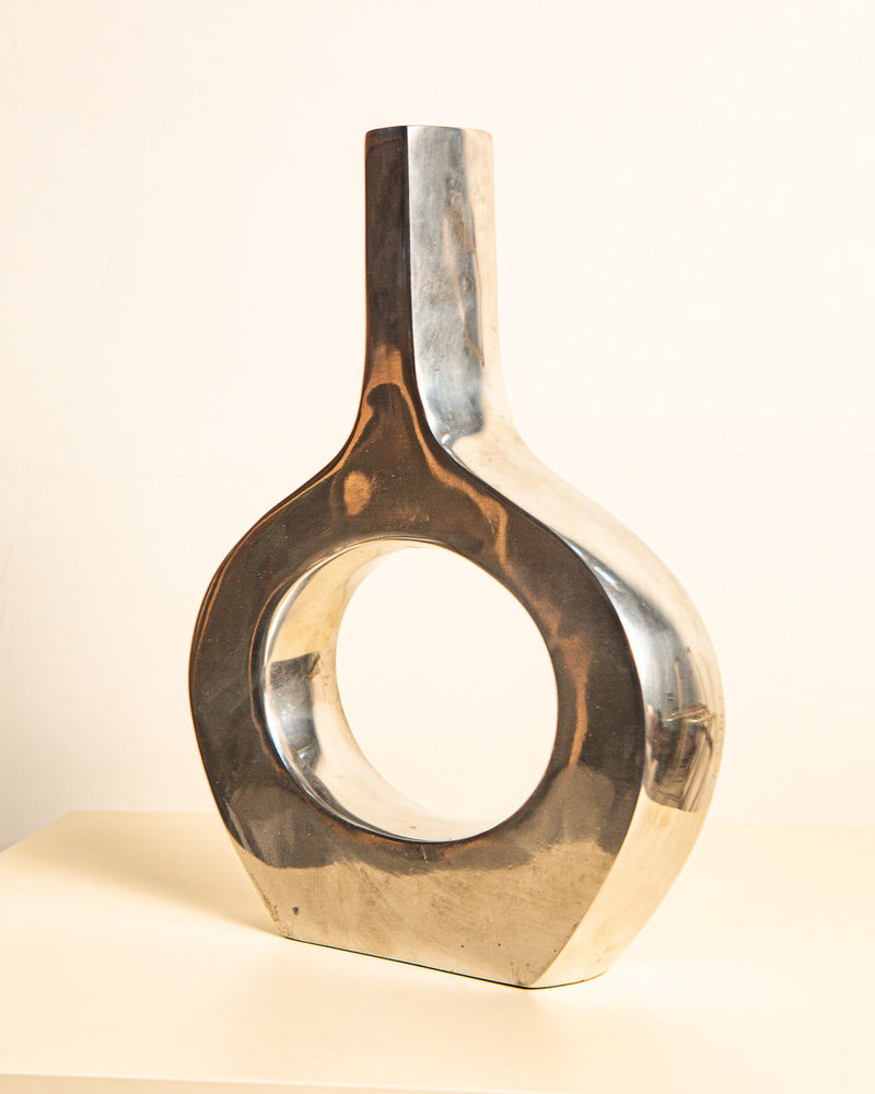 Large Italian cast aluminum vase with circular opening, 1980s