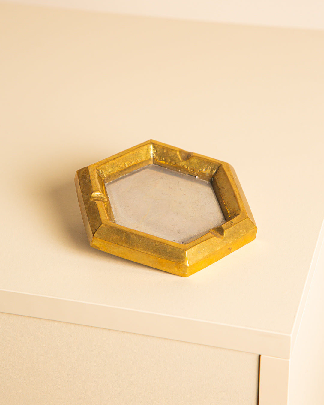 Brutalist Brass and Silver “Hexagonal” Ashtray by David Marshall 80's